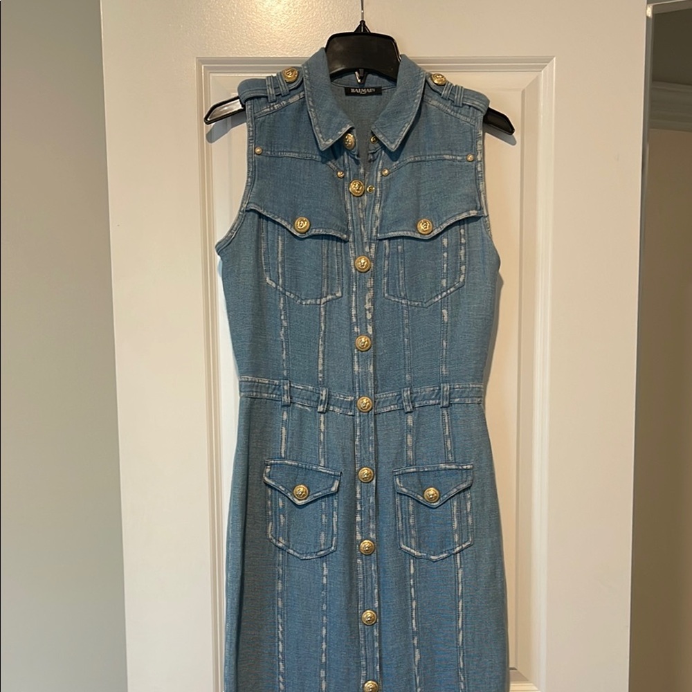 Balmain Blue and Gold Sleeveless Midi Dress
